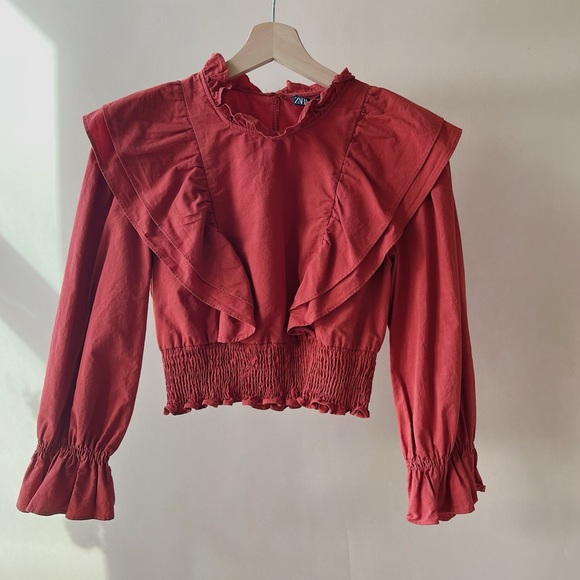 Rust Ruffle Long Sleeve Cropped Top - Picture 1 of 2